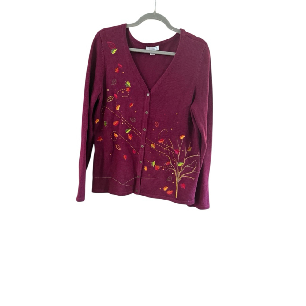Women's Christopher & Banks Burgundy Cardigan with Fall Leaves, Size L - Picture 2 of 9